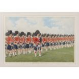 A watercolour by Richard Simkin of a marchpast of The Seaforth Highlanders, 13” x 17”, signed R