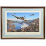 Three large framed limited edition coloured prints of WWII aircraft, from original paintings by