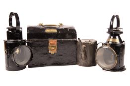 2 LMS Railway hand lamps, an oil can and a toolbox. A pre-grouping LNWR lamp (also marked LMS)