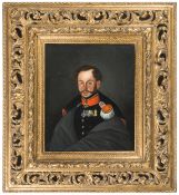 A small oil painting on canvas of a Prussian infantry officer, c 1840, half length, in full dress,
