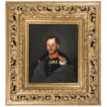 A small oil painting on canvas of a Prussian infantry officer, c 1840, half length, in full dress,