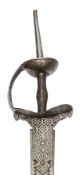An 18th century Indian sword khanda, flat blade 26”, with toothed reinforce along most of back edge,