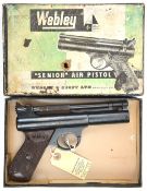 A pre 1958 .177” Webley Senior air pistol, number 2287 (beneath left grip), with brown bakelite