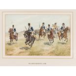 A military watercolour by Richard Simkin: 10th Light Dragoons 1793, officer, bugler and four