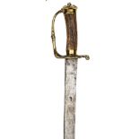 An early 18th century hunting hanger, curved, SE blade 21”, stamped with King’s head mark on both