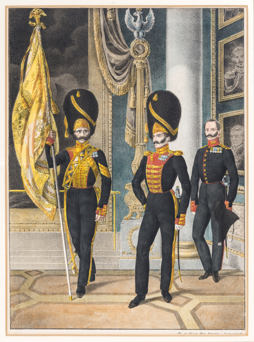 A set of 3 Russian coloured military prints of early 19th century period uniform featuring palace