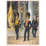 A set of 3 Russian coloured military prints of early 19th century period uniform featuring palace