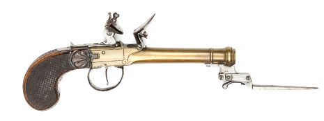 A Belgian bronze cannon barrelled and bronze framed flintlock boxlock pistol with spring bayonet,