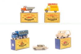 5 Matchbox Lesney vehicles. A Quarry Truck (6) orange chassis cab with a grey body. A Foden Sugar