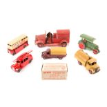 5 Dinky Toys and a Tekno tinplate fire truck. Streamlined Fire Engine. Austin Covered Wagon in