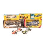 5 Corgi Toys single seat racing cars. A JPS Lotus (154) in black, RN1. A Lotus Climax F1 (155) in