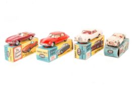 4 Corgi Toys. Citroen DS19 (210S) in red with yellow interior. Mercedes-Benz 220SE (230) in cream