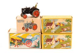 4 Britains Lilliput World OO/HO line side sets. A Fordson Tractor with driver (LV/604). A Tumbrel