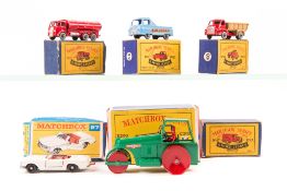 5 Matchbox Lesney vehicles. A King Size Aveling Barford Road Roller (K9) in green with red plastic