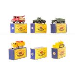5 Matchbox Lesney vehicles. A Caterpillar Bulldozer (18) in yellow with green rubber tracks. A