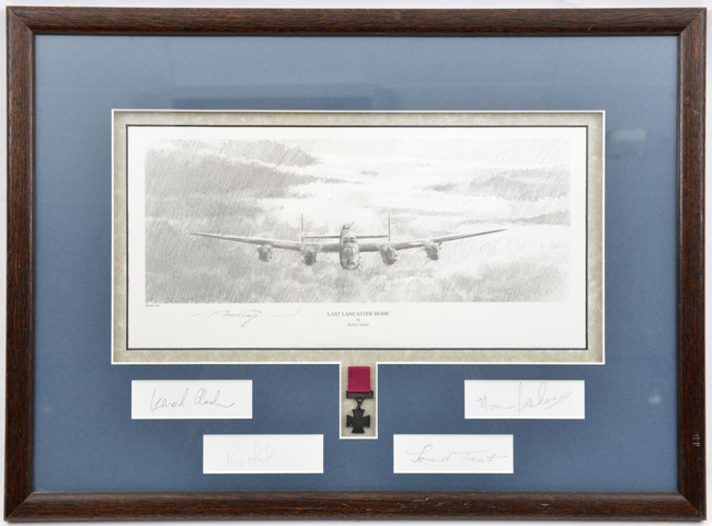 A coloured print “Halifax”, showing bomber above clouds with facsimile signatures; “Last Lancaster - Image 3 of 3