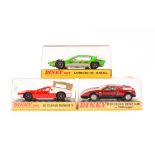 3 Dinky Toys cars. A De Tomaso Mangusta (187) in orange and white. A Lamborghini Marzal (189) in