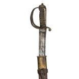 A mountain artillery sword, broad, curved fullered blade 30”, with various stamps at forte including