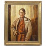A rather amateur three quarter length oil portrait on canvas of Hitler, in brown uniform beneath a