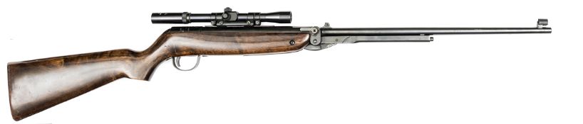 A good .22” late model Webley Mark 3 air rifle, number B1318, the varnished stock having plastic “