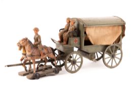 A rare and seldom seen larger scale Elastolin WW1 British Army Red Cross tinplate 4-wheeled