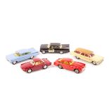 5 Corgi Toys. An Aston Martin DB4 in red with yellow interior. A Renault Floride in red. A