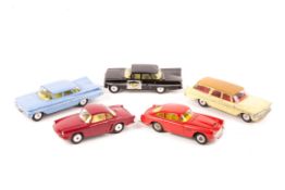 5 Corgi Toys. An Aston Martin DB4 in red with yellow interior. A Renault Floride in red. A