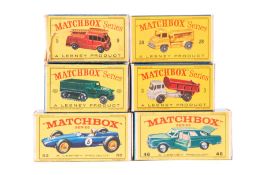 6 empty early Matchbox Series boxes. No.3 Bedford Tipper Truck, No.9 Merryweather Fire Engine, No.28