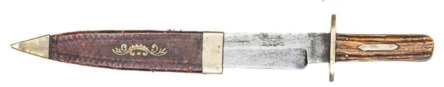 A Bowie knife, tapering SE blade 8”, marked on one side “H. Hobson, Warranted” at forte with “The