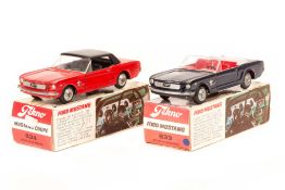 2 Tekno Fords. Ford Mustang convertible (833) in dark blue with red interior and grey tonneau.