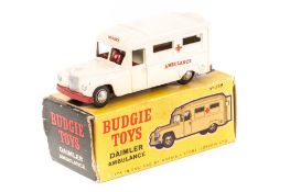 A Budgie Toys Daimler Ambulance No.258. In off white and red livery. Boxed, some age wear. Vehicle