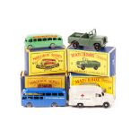 4 Matchbox Series. No.12 Land Rover in dark green with black plastic wheels. No.21 Bedford Coach (