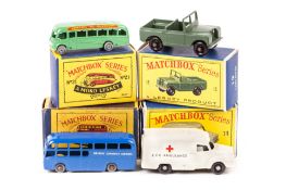 4 Matchbox Series. No.12 Land Rover in dark green with black plastic wheels. No.21 Bedford Coach (