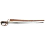 An 1821 light cavalry trooper’s style sword, slightly curved fullered blade 35”, steel hilt with