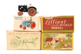 4 Britains Lilliput World OO/HO line side sets. A Fordson Tractor with driver (LV/604). A Milk Float