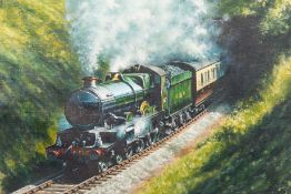 An original railway oil painting by Don Breckon. An oil on canvas entitled ‘Into the Light’