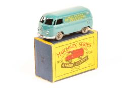 A Matchbox Lesney Volkswagen Van (34). A blue van with grey plastic wheels and ‘Matchbox