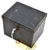 A black square tin box with W (arrow) D impressed in lid, provision for lock, probably for small