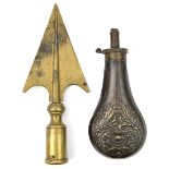A copper powder flask, of bird in foliage type, “Patent” brass top (AF), 7½” overall; a brass