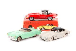 3 Continental die-cast cars. 2 Tekno - Jaguar E Type (927) hard top example in red with black hard