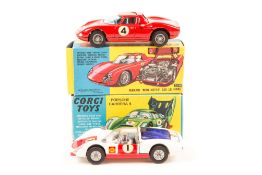 2 Corgi Toys racing cars. A Ferrari Berlinetta 250 Le Mans (314) in red, RN 4, with wire wheels