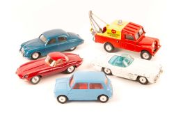 5 Corgi Toys. A Land Rover Breakdown Service. A Jaguar 2.4 in blue. A Jaguar E Type in red. A Morris