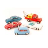 5 Corgi Toys. A Land Rover Breakdown Service. A Jaguar 2.4 in blue. A Jaguar E Type in red. A Morris