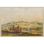 A watercolour painting of a cavalry camp scene by Orlando Norie, showing horse drawn carts and