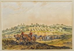 A watercolour painting of a cavalry camp scene by Orlando Norie, showing horse drawn carts and