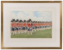 A watercolour by Richard Simkin of a marchpast of The Seaforth Highlanders, 13” x 17”, signed R
