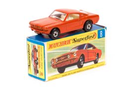 A scarce Matchbox Superfast No.8 Ford Mustang. An example in satin orange with off white interior,