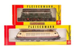 2 Fleischmann HO electric locomotives. A DB class 103 Co-Co locomotive 103-118-6 in cream, maroon