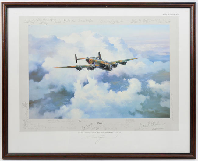 A coloured print “Halifax”, showing bomber above clouds with facsimile signatures; “Last Lancaster