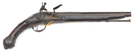 An 18th century Turkish 24 bore flintlock holster pistol, 17½” overall, barrel 11¼” with chiselled